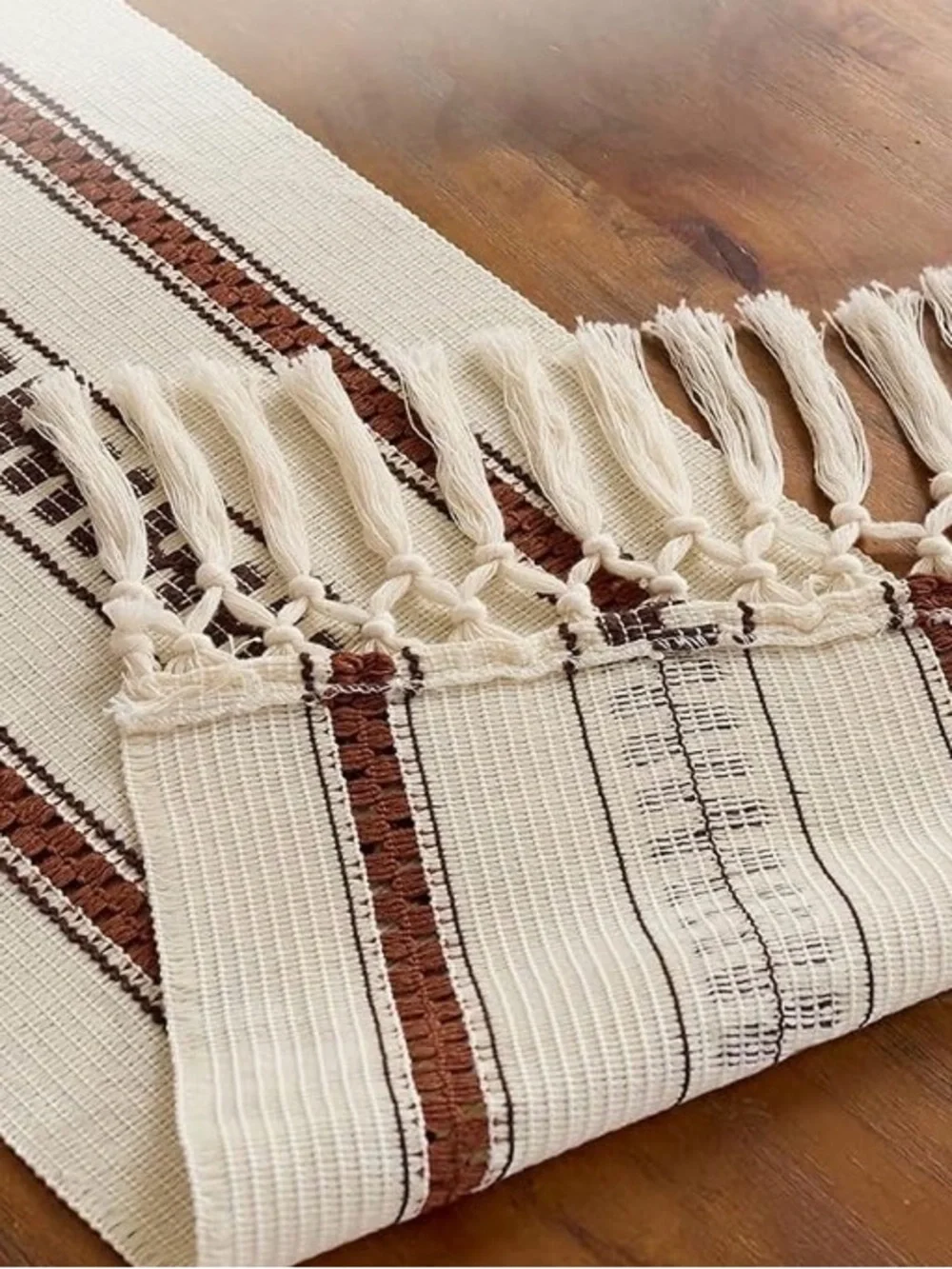 Boho Stripe Woven Table Runner in Cream and Brown - Baccessor